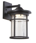 10.25 Inch Black And Clear Outdoor Wall Lantern With Integrated LED, Modern Farmhouse Exterior Sconce for Entryway Patio or Garage, Clear Crackled Glass Shade, Always Flicker Free Lighting, ETL Listed