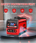 Front view of red Three In One MIG TIG Stick Welder Portable 110V Inverter with digital display on a sleek platform.