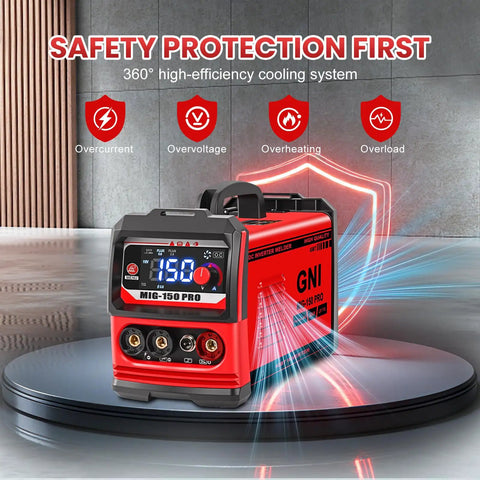 Front view of red Three In One MIG TIG Stick Welder Portable 110V Inverter with digital display on a sleek platform.
