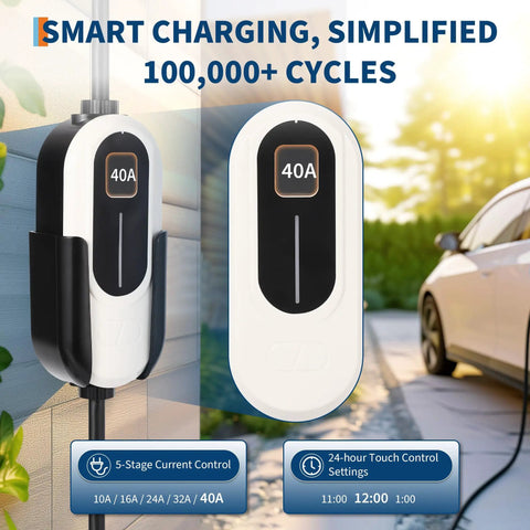 Plug And Play Level Two Ev Charger With Forty Amp Output And Built In Wifi showing 40A display and control options.