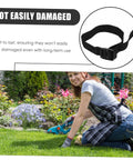 Close-up of adjustable strap and woman gardening, showcasing Eight Pack Lawn Aerator Shoes With Adjustable Straps for outdoor use.