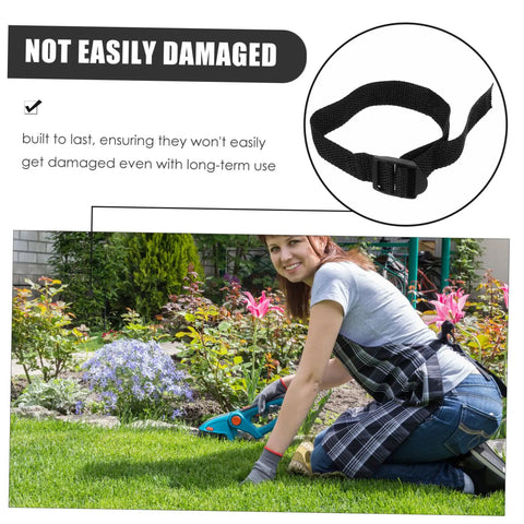 Close-up of adjustable strap and woman gardening, showcasing Eight Pack Lawn Aerator Shoes With Adjustable Straps for outdoor use.