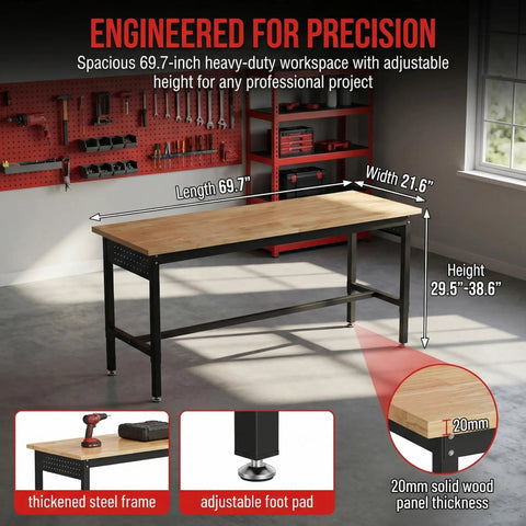 Badass 70 Inch Adjustable Workbench Featuring Rock Solid 2500 Pound Steel Frame And Built In Rolling Cabinet Storage For Serious Daily Garage Hustle Upgrades in spacious adjustable height design.