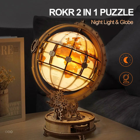 LED Illuminated 3D Wooden Globe Puzzle For Adults With Stand Build Your Own Night Light World Globe Kit 180 Pre-Cut Pieces educational desk display