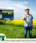 Man standing in a field holding a Grass Seed Spreader And Fertilizer Spreader For Lawn And Garden Use, 1.5L capacity, handheld tool