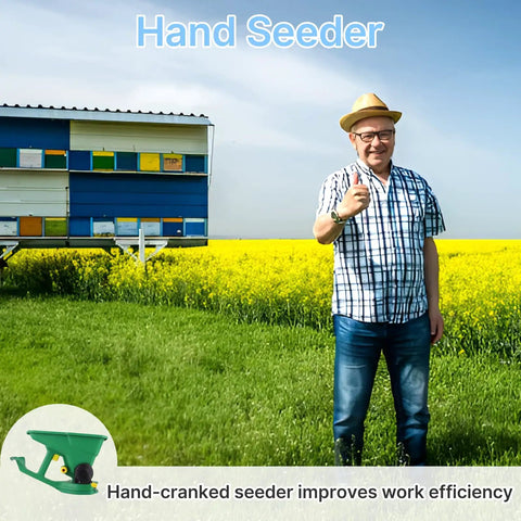 Man standing in a field holding a Grass Seed Spreader And Fertilizer Spreader For Lawn And Garden Use, 1.5L capacity, handheld tool