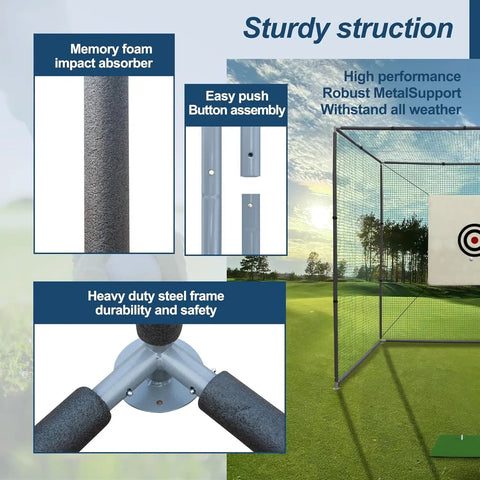 Close-up details of 10x10x10Ft Golf Practice Net Cage with Metal Frame, highlighting memory foam impact absorber and frame assembly.