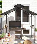 Hardtop Grill Gazebo For Outdoor Cooking With Double Roof 8 Ft By 5 Ft BBQ Canopy Two Side Shelves And Ten Hooks Weatherproof