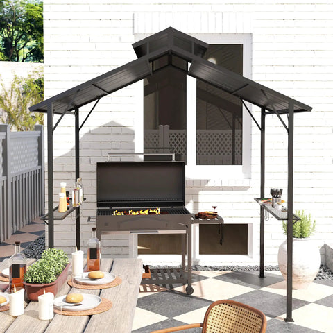 Hardtop Grill Gazebo For Outdoor Cooking With Double Roof 8 Ft By 5 Ft BBQ Canopy Two Side Shelves And Ten Hooks Weatherproof
