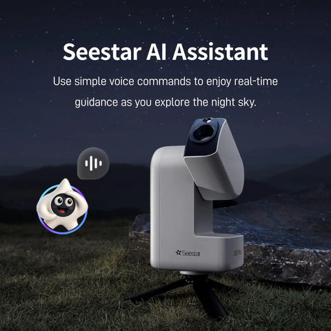 Seestar S30 Pro Smart Telescope With App Control under night sky, showcasing AI Assistant feature for effortless astrophotography.