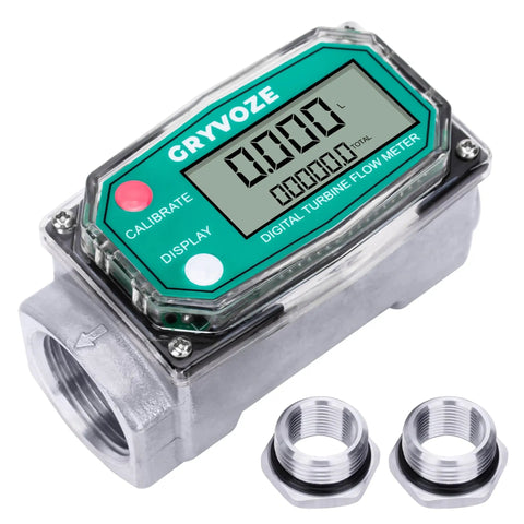 1 Inch Digital Turbine Fuel Flow Meter Inline NPT, 2.6-26 GPM, With 3/4 Inch Adapters, For Water Diesel Gas Oil Gasoline And Other Liquids