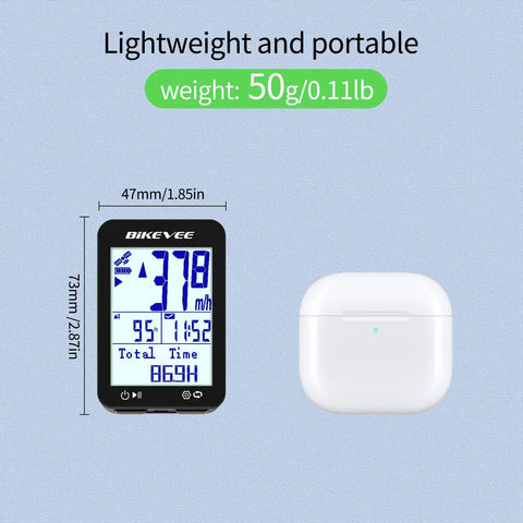 Dope GPS Bike Computer With Wireless Setup, Tracks Speed, Distance, Ride Time, next to earbud case, 50g, 47mm x 73mm