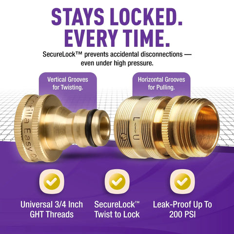 Easy Connect Garden Hose Quick Connect Fittings Three Quarter Inch GHT Solid Brass Locking Leak Proof To 200 PSI with threads.