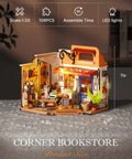 DIY Miniature Bookstore Kit 1 To 20 Scale With LED Lights Build Your Own Tiny House Craft Kit For Adults Totally Perfect Gift For Him Or Her Great Desk Display And Cozy Bedroom Decor displaying a detailed corner bookstore model with LED lights and accessories on a desk.