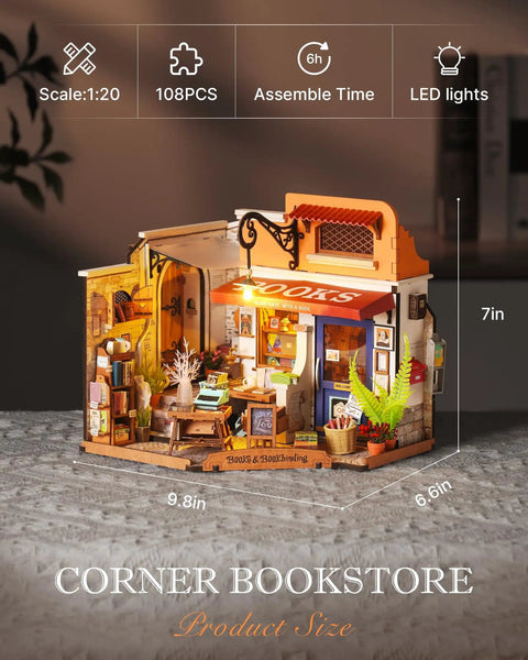 DIY Miniature Bookstore Kit 1 To 20 Scale With LED Lights Build Your Own Tiny House Craft Kit For Adults Totally Perfect Gift For Him Or Her Great Desk Display And Cozy Bedroom Decor displaying a detailed corner bookstore model with LED lights and accessories on a desk.