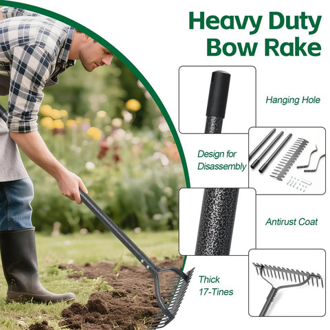 Man using Beefy 63 Inch Heavy Duty Metal Garden Rake With Ergonomic Handle 17 Tines for soil loosening and garden maintenance