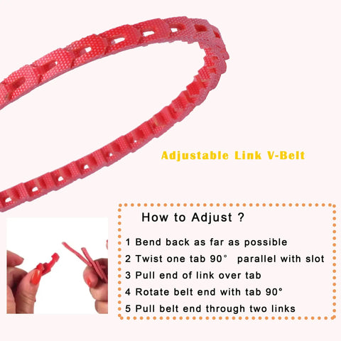 Power Twist Adjustable V Belt 1/2 Inch Wide 10 Feet Long showing adjustment instructions and close-up detail of link