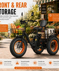 Electric Tricycle For Adults With 1350W Peak Motor Folding 3 Wheel Ebike 48V 15.6Ah Battery 20 Inch Fat Tire Beast 20 MPH Top Speed Differential Drive Black And Orange front basket and rear cargo rack for grocery storage