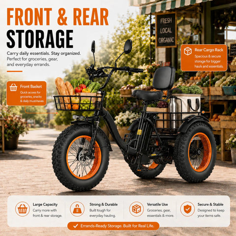 Electric Tricycle For Adults With 1350W Peak Motor Folding 3 Wheel Ebike 48V 15.6Ah Battery 20 Inch Fat Tire Beast 20 MPH Top Speed Differential Drive Black And Orange front basket and rear cargo rack for grocery storage
