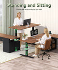 Hella Spacious Corner L Shaped Electric Standing Desk 66 Inch Height Adjustable Computer Workstation in use, showing height adjustments.