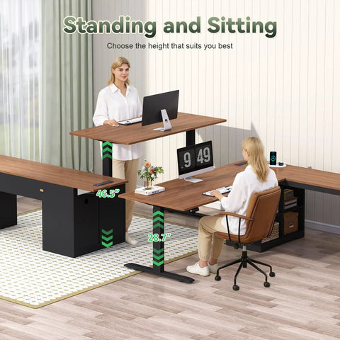 Hella Spacious Corner L Shaped Electric Standing Desk 66 Inch Height Adjustable Computer Workstation in use, showing height adjustments.