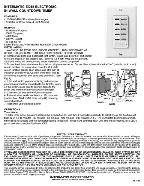 Installation guide for No-Fuss In-Wall Countdown Timer Switch 15, 30, 60 Minute Or 2, 4 Hour, SPST, 1800 Watt, Silent Operation, White Finish.