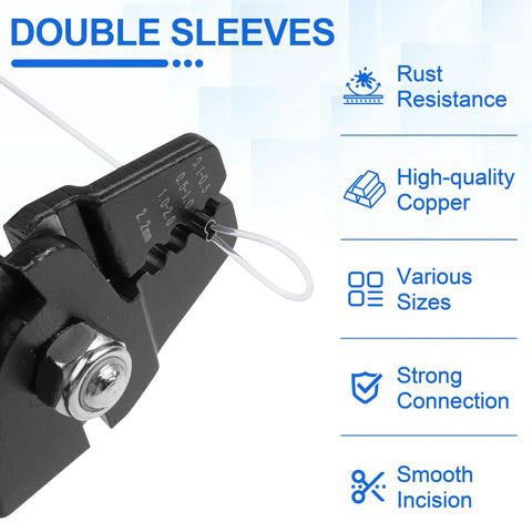 500 Piece Double Barrel Fishing Crimp Sleeves Kit showing crimping tool with wire loop and text on durability and resistance features.