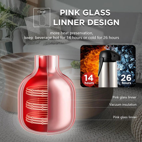 Pink glass liner design of a thermal coffee carafe, showcasing heat preservation for hot and cold drinks.