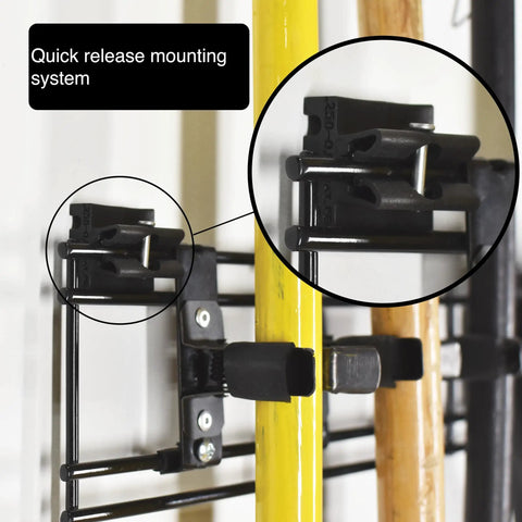 Quick release mounting system on Heavy Duty Garage Wall Organizer Rack With 48 Inch Steel Beam And Rock Solid 280 Lb Load Capacity.