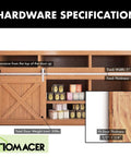 Image of a cabinet with mini brushed nickel non bypass sliding barn door hardware kit for one door, showing specifications for TV stand use.
