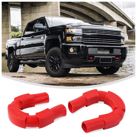 Chevy Silverado with red Flag Style Tow Hook Covers for 2007 to 2019 Chevy Silverado 2500 and 3500 HD Trucks - Tough Rubber Bumper Sleeve Protectors
