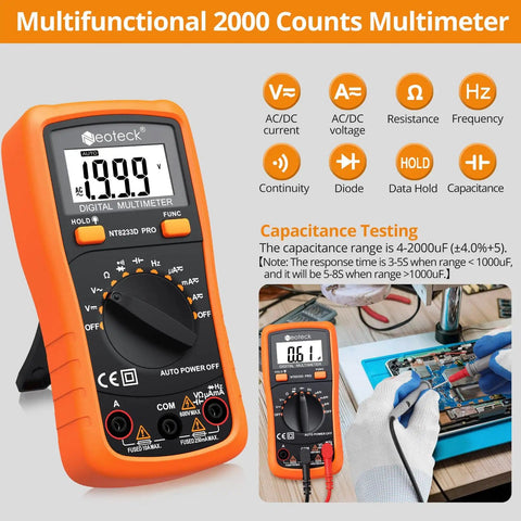 Auto Ranging Pocket Digital Multimeter For Diyers, 2000 Counts, AC And DC Voltage And Current, Backlit LCD, on table