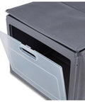 Versatile Grey Stackable Fabric Shoe Storage Bins For Closets And Entryways with a clear sliding door open.