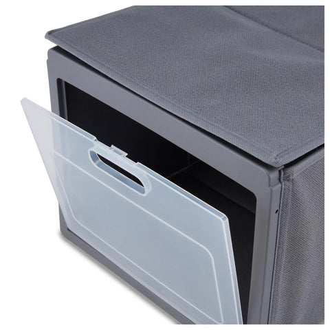 Versatile Grey Stackable Fabric Shoe Storage Bins For Closets And Entryways with a clear sliding door open.