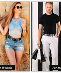 Rock Rivet Belt With Pyramid Studs on woman in denim shorts and man in white pants, showing edgy punk style.