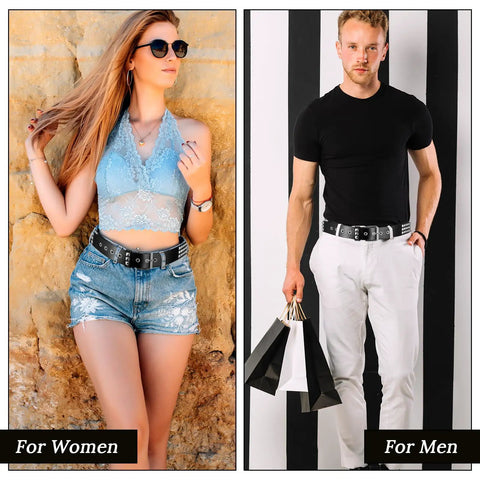 Rock Rivet Belt With Pyramid Studs on woman in denim shorts and man in white pants, showing edgy punk style.