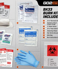 Go2Kits BK33 Burn Kit: two 4x4 burn dressings, two burn cream packets, gauze, pads, gloves, bag, instruction sheet
