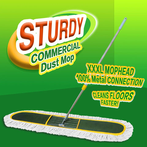 Heavy Duty Commercial Dust Mop For Hardwood Floors With Two Reusable Cotton Yarn Heads And Telescopic Stainless Steel Handle.