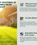 Infographic of idler pulley features with house background, highlighting power transmission, durability, and speed for mowers.