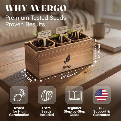 Wildflower Seed Mix Growing Kit with wooden box planter on a wooden table, showing seedlings in soil with labeled markers