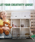 Girl sitting beside dollhouse holding teddy bear with 'Let Your Creativity Loose' text above, 480-Watt tool for DIY projects shown.