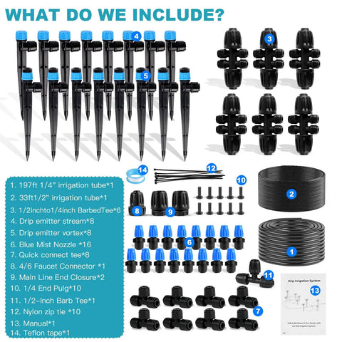 230-Foot Drip Irrigation System Kit With Quick Connect For Automatic Watering Misting No-Fuss Setup Includes 1/2 Inch And 1/4 Inch Tubing Adjustable Spray Nozzles And Sprinklers For Lawn Plant Beds Greenhouse And DIY Irrigation components and accessories.