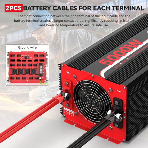Heavy Duty 5000W Power Inverter 12V Dc To 120V Ac Converter showing battery connections and cooling fan design for RV and truck use.
