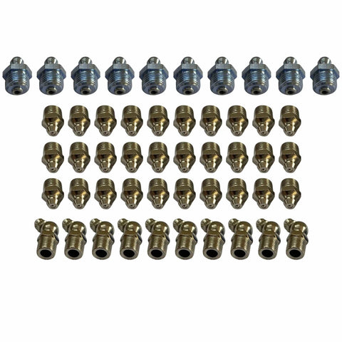 Grease Nipple Assorted Pack for Backhoe Equipment, 50-Piece Set With 30 Straight 1 Eighth BSP, 10 Straight 10mm, and 10 Angled Fittings