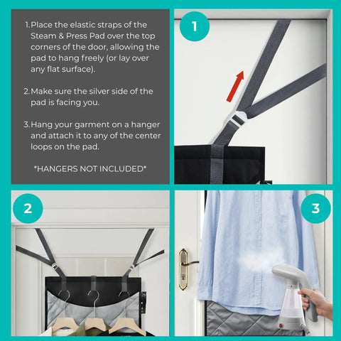 Over The Door Clothes Steamer Pad For Ironing And Garment Steam XL Protective Press Mat with elastic straps and hanger hooks.