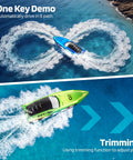 Kids Remote Control Boat Set for Pool and Lake Fun demonstrating 8 path driving and trimming function on water surface