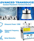 No Sweat Industrial Grade Heated Ultrasonic Cleaner System With Digital Touch Timer And Gentle Warm Vibration For Jewelry Carburetors And Auto Repair Gear 32 Liter Tank showing advanced transducer and ultrasonic power specifications.
