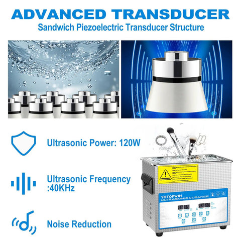 No Sweat Industrial Grade Heated Ultrasonic Cleaner System With Digital Touch Timer And Gentle Warm Vibration For Jewelry Carburetors And Auto Repair Gear 32 Liter Tank showing advanced transducer and ultrasonic power specifications.