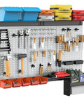 Pegboard Wall Organizer System For Garage And Workshop No Brainer 4 Ft Kit with hooks, bins, and overhead shelves wall mounted