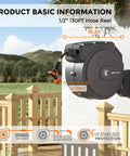 Heavy Duty Retractable Garden Hose Reel Half Inch X 130 Ft With Lock At Any Length Auto Rewind Slow Return Wall Mount And 180 Degree Swivel Bracket for backyard watering mounted on a wall
